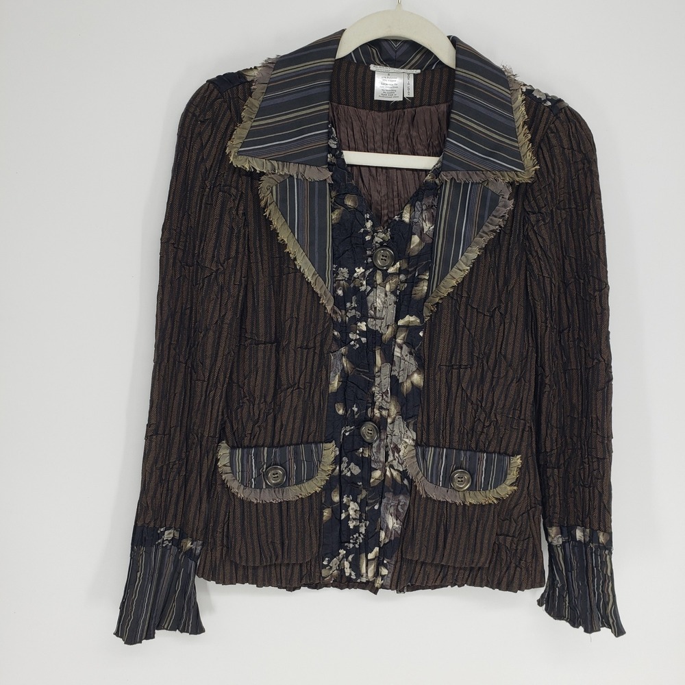 Alberto Makali Mixed Media Crinkle Jacket Women Size S Brown Floral Striped Boho